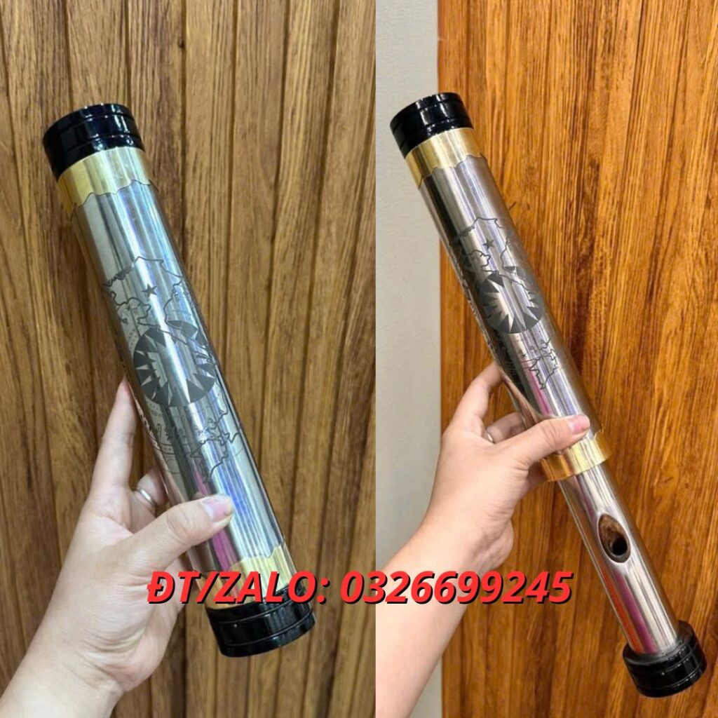 Mẫu điếu cày mini bỏ túi inox âm nỏ bọc viền đồng, khắc CNC, rút gọn 33cm, dài dài 45cm mới 2025